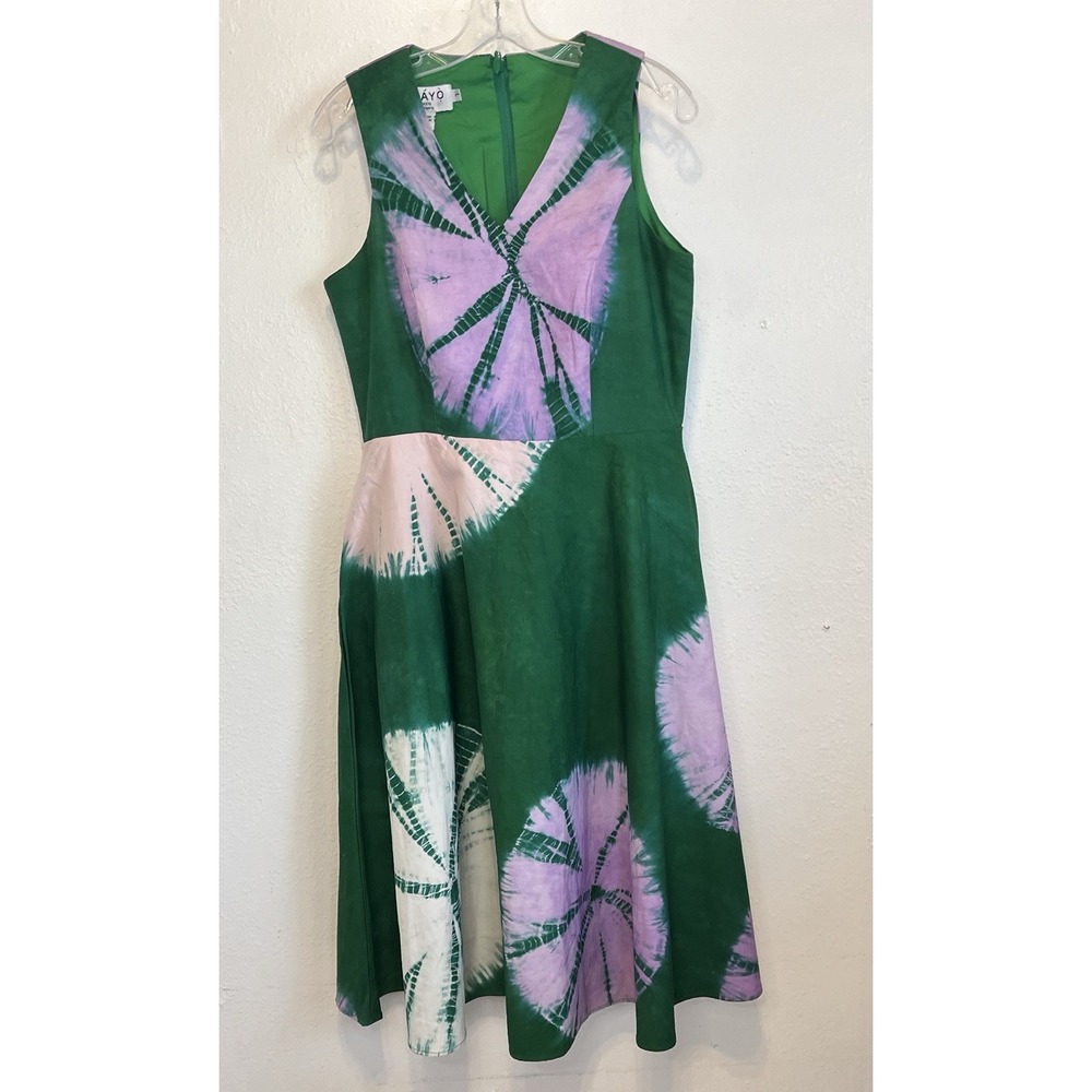 Busayo Belu Tie-Dyed Cotton Chambray Dress Size Large Green Midi Sleeveless‎ - Picture 3 of 10